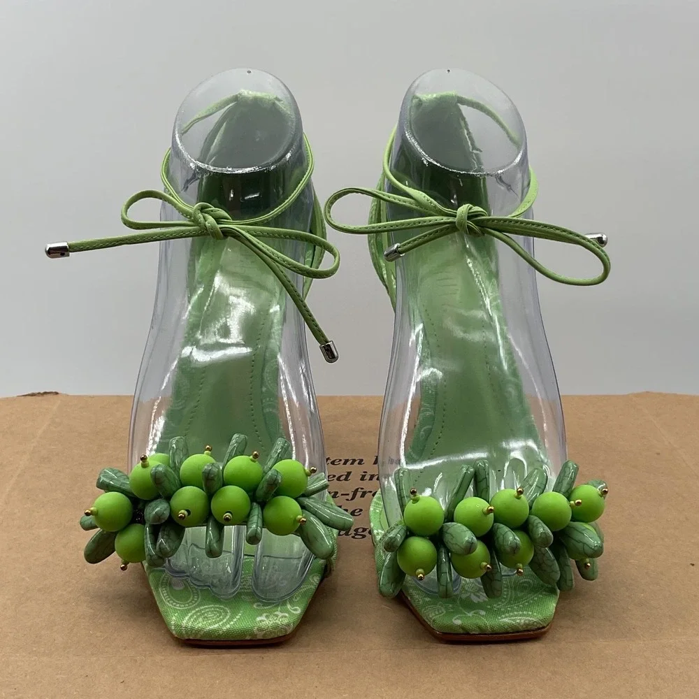 Schutz Green Paisley Beaded Ankle Wrap Stiletto Square Toe Sandals Women 6B